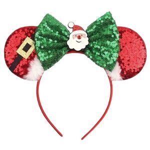 New Disney Inspired Santa Claus Mouse Ear Headband Red Green Sequins Christmas